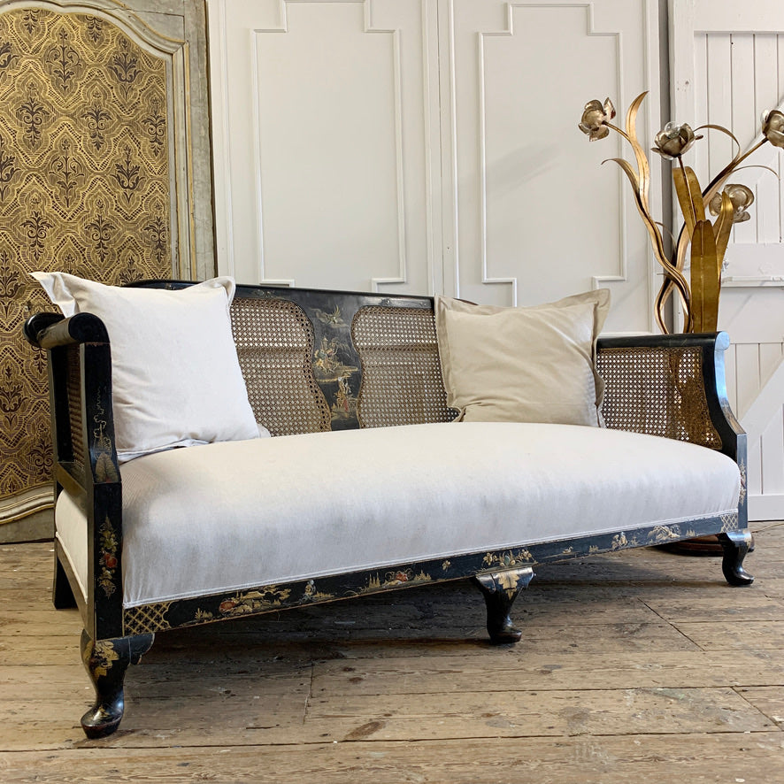 Edwardian Black Chinoiserie Bergere Cane Settee circa 1900