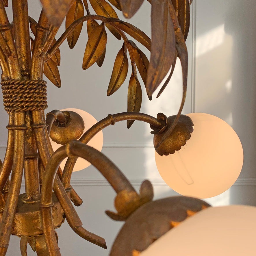 Hans Kogl Gilt Faux Bamboo Chandlier with Glass Globes