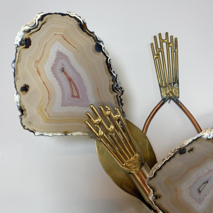 Henri Fernandez Signed Agate and Brass Wall Lights