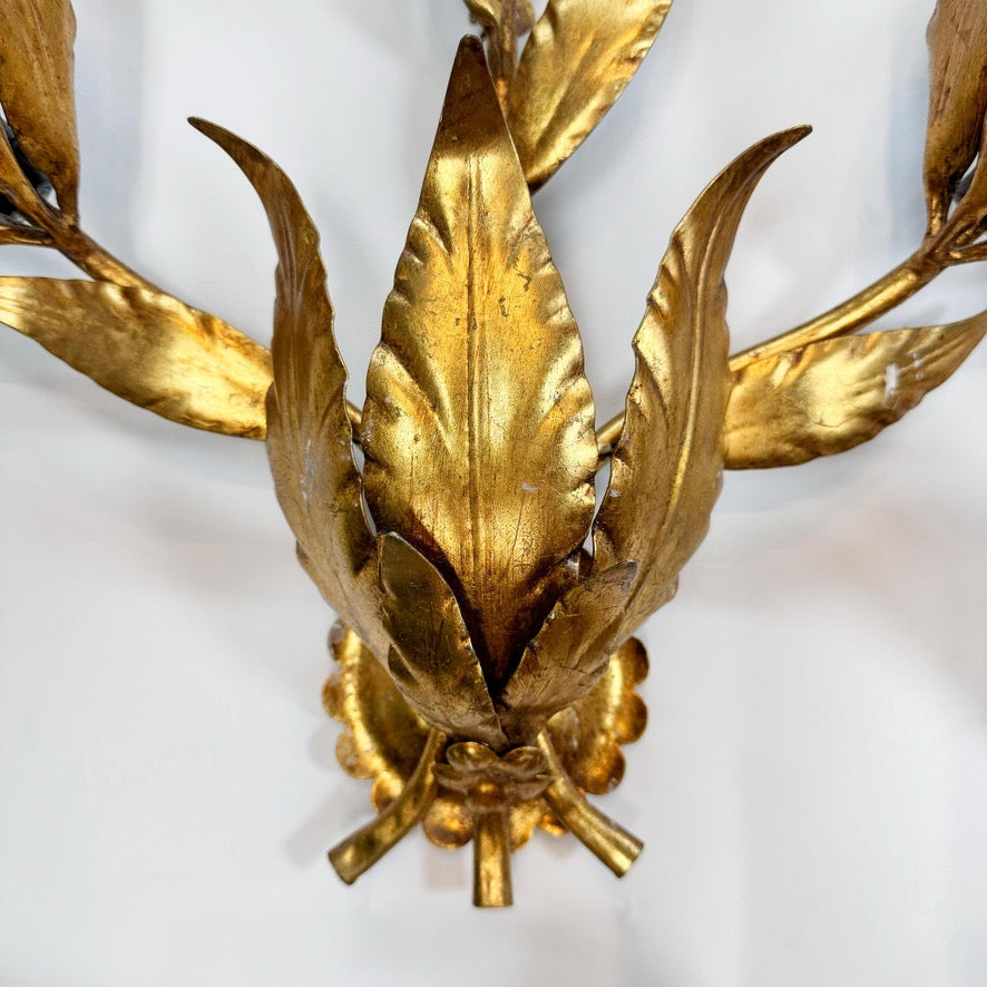 Set of 3 Large Original Hans Kogl 1970's Gilt Leaf Wall Lights