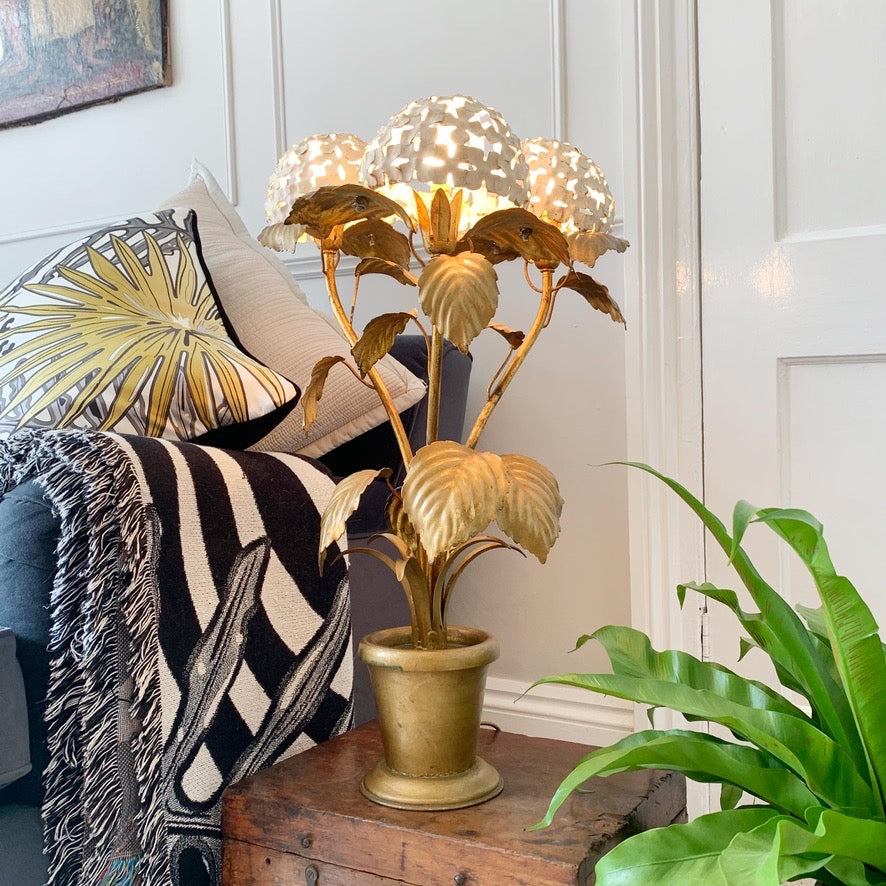 Rare 1950's White and Gold American Hydrangea Table Lamp