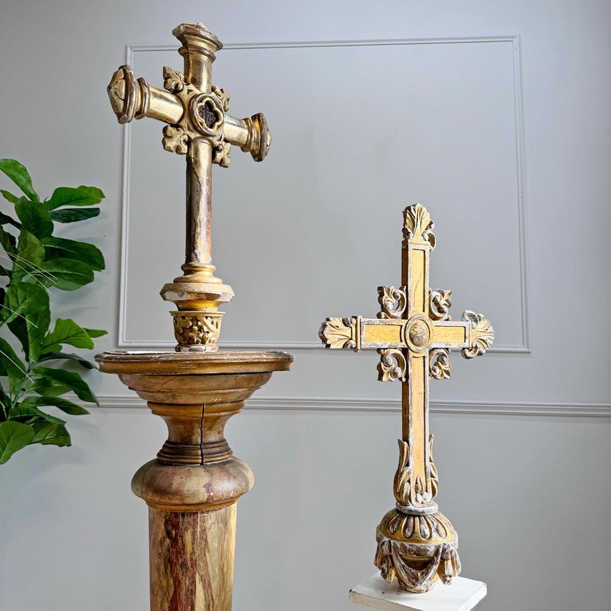 18th Century Water Gilded Processional Cross with Embroidered IHS