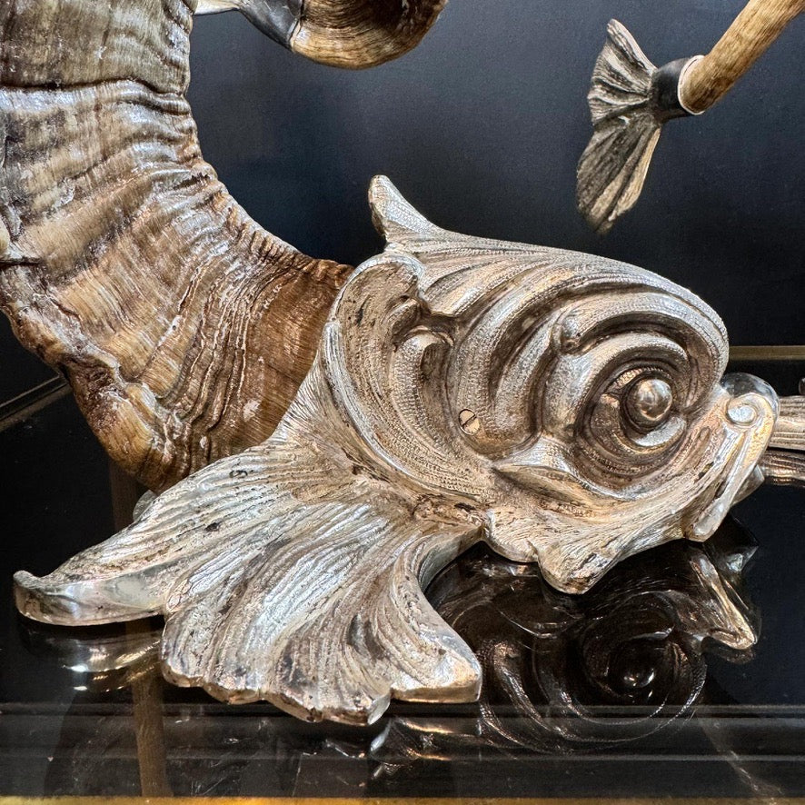 Gabriella Crespi 'Coppia di Delfini' Pair of Rams Horn and Silvered Bronze Mythical Dolphins Each Signed to Base