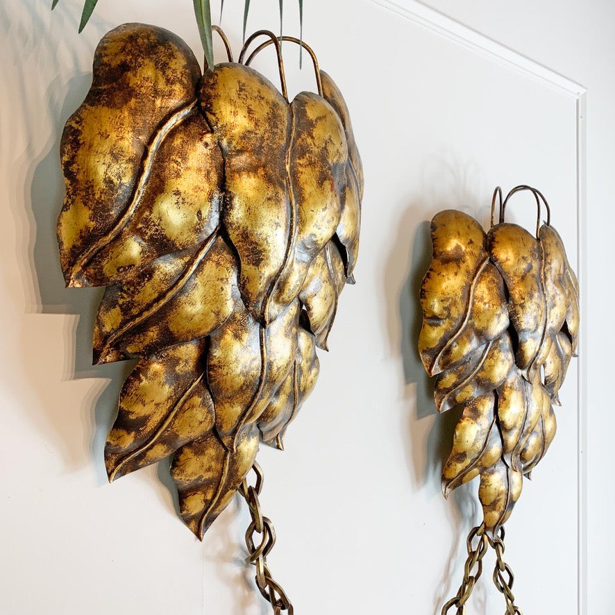 Pair of Gold Italian Leaf and Chain Swag Wall Lights 1950's