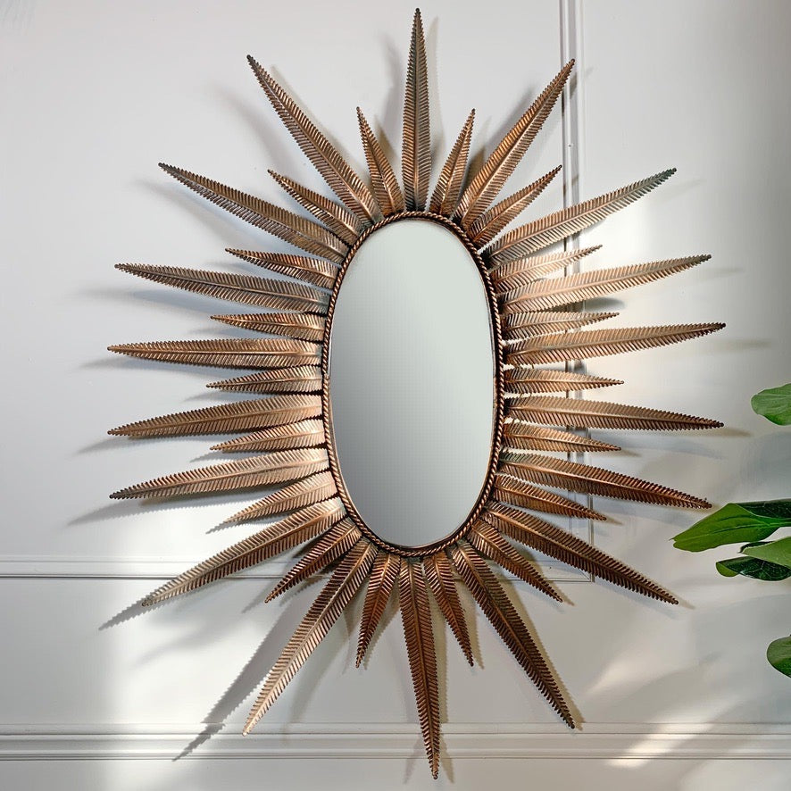 1970's Italian Copper Feathered Sunburst Mirror