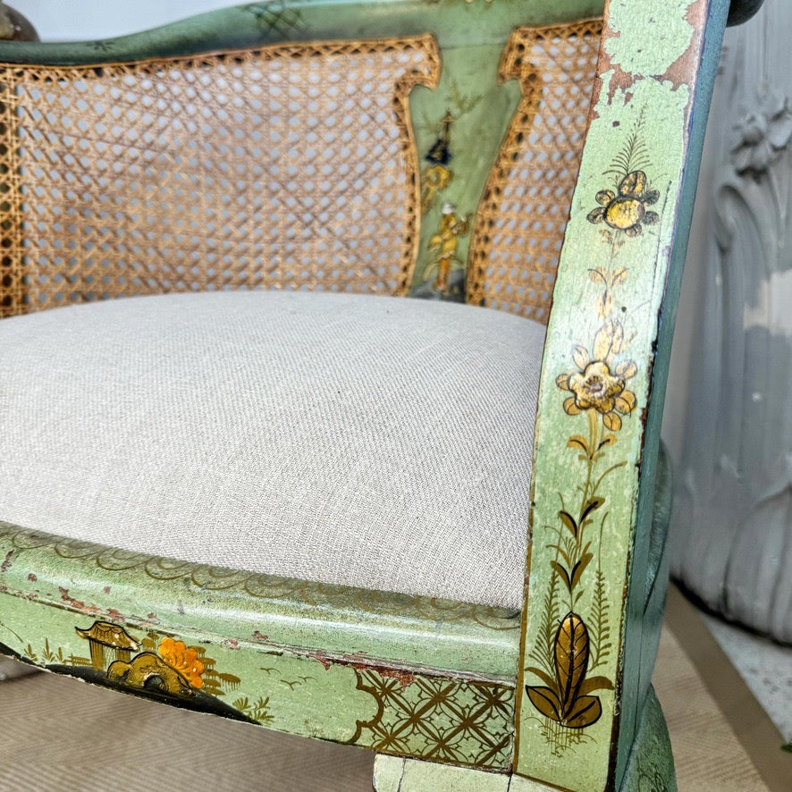 Pair of 19th Century Green Queen Anne Revival Chinoiserie Bergere Chairs