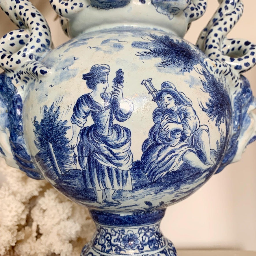 Late 18th Century Delft Style Blue and White Bacchus Serpent Handled Vase