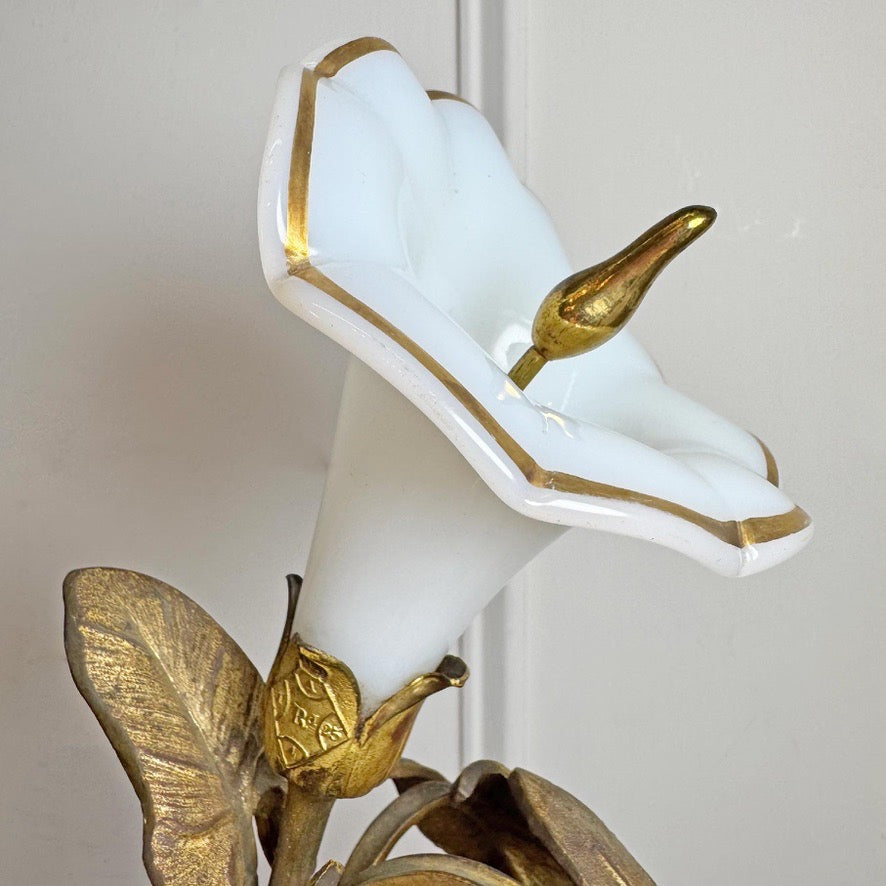 RW Winfield Art Nouveau Opaline and Brass Flower Wall Sconces 1845
