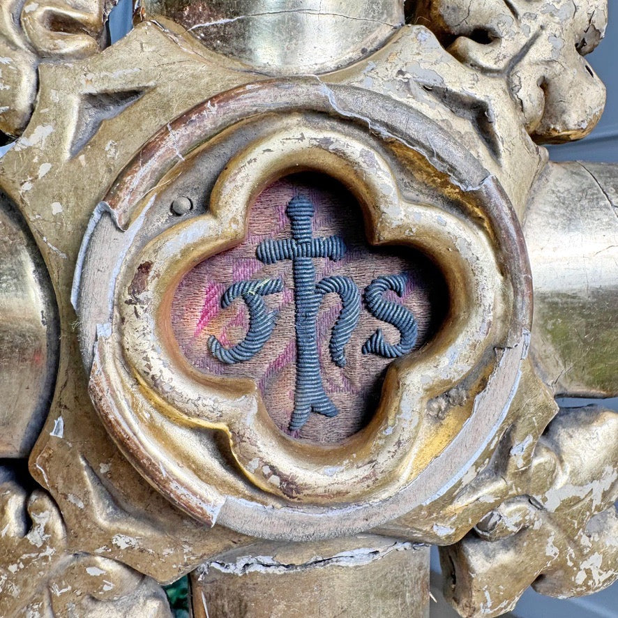 18th Century Water Gilded Processional Cross with Embroidered IHS
