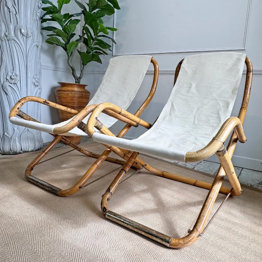 Pair of Vintage Folding Bamboo Deck Chairs 1960's Italian