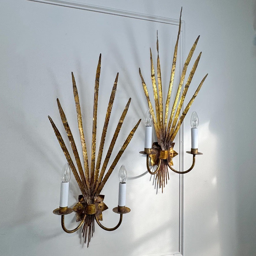 Pair of Vintage Gold Reed Leaf Wall Lights by Ferrocolor Spain 1950's