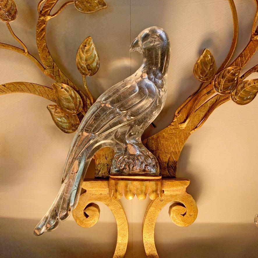 Stunning Large Banci Firenze Gilt Iron and Crystal Parrot Wall Light
