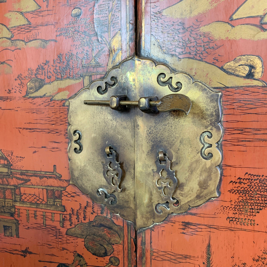 19th C Crimson Red On Black, Chinoiserie Cabinet