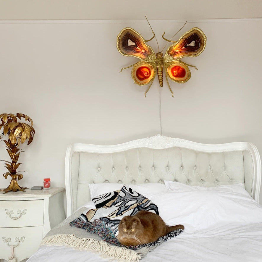 Isabelle Faure Signed Illuminated Gold Butterfly Sculpture in Brass and Agate