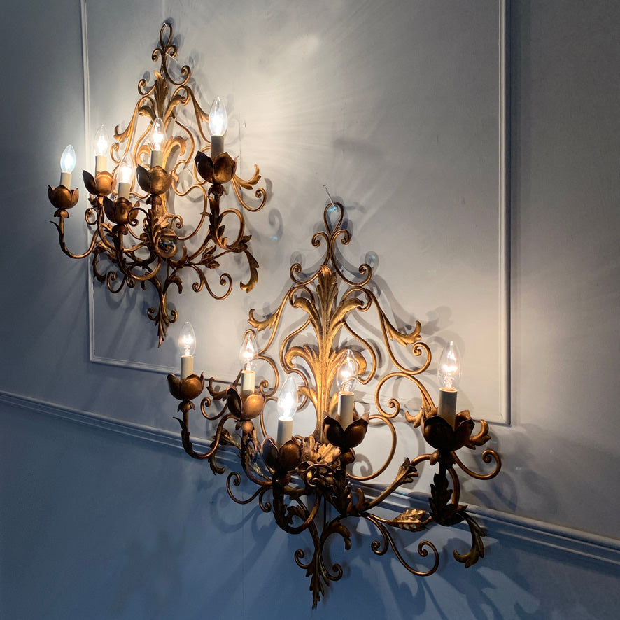Pair Of Large Gold Palladio Wall Sconces Italy 1960's