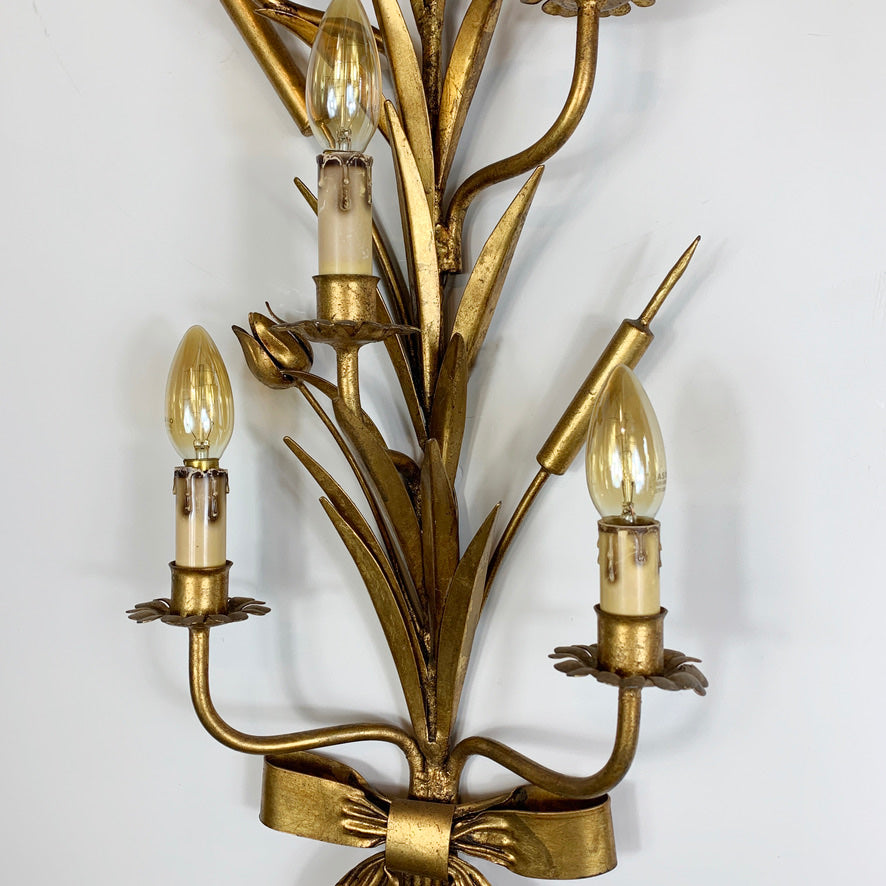 1960's Statement Gold French Bulrush Wall Sconce