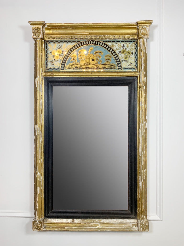 Georgian Gilt-Gesso Framed Wall Mirror with Inset Verre Eglomise Gilded Glass Frieze