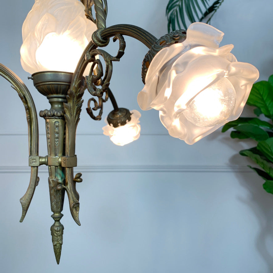 Art Nouveau Bronze and Glass Torchiere and Flower Chandelier circa 1905