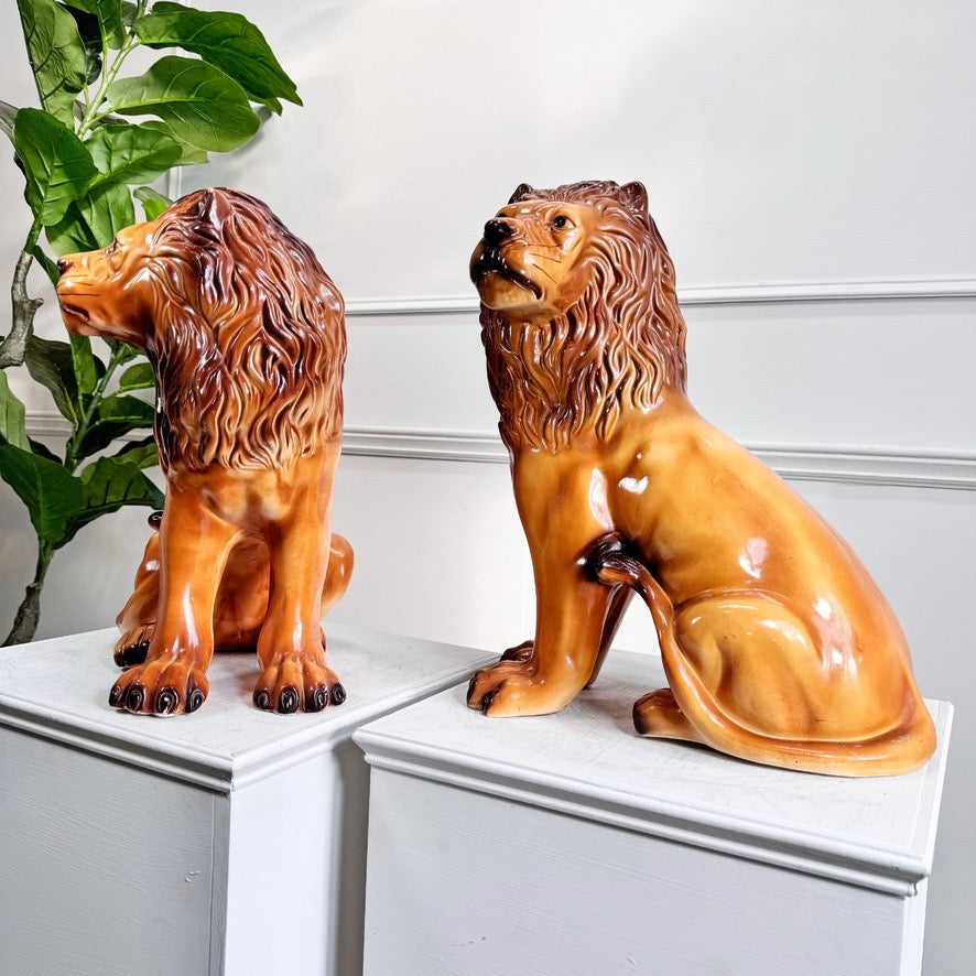 Pair of Staffordshire Pottery Lions