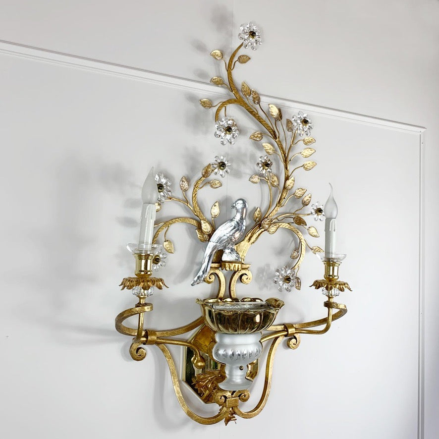 Stunning Large Banci Firenze Gilt Iron and Crystal Parrot Wall Light