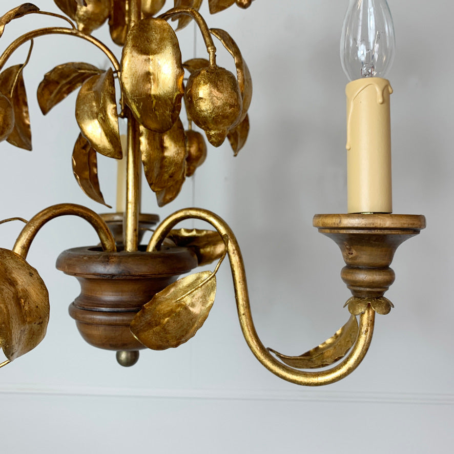 French Gold Lemon Tole Chandelier 1970's
