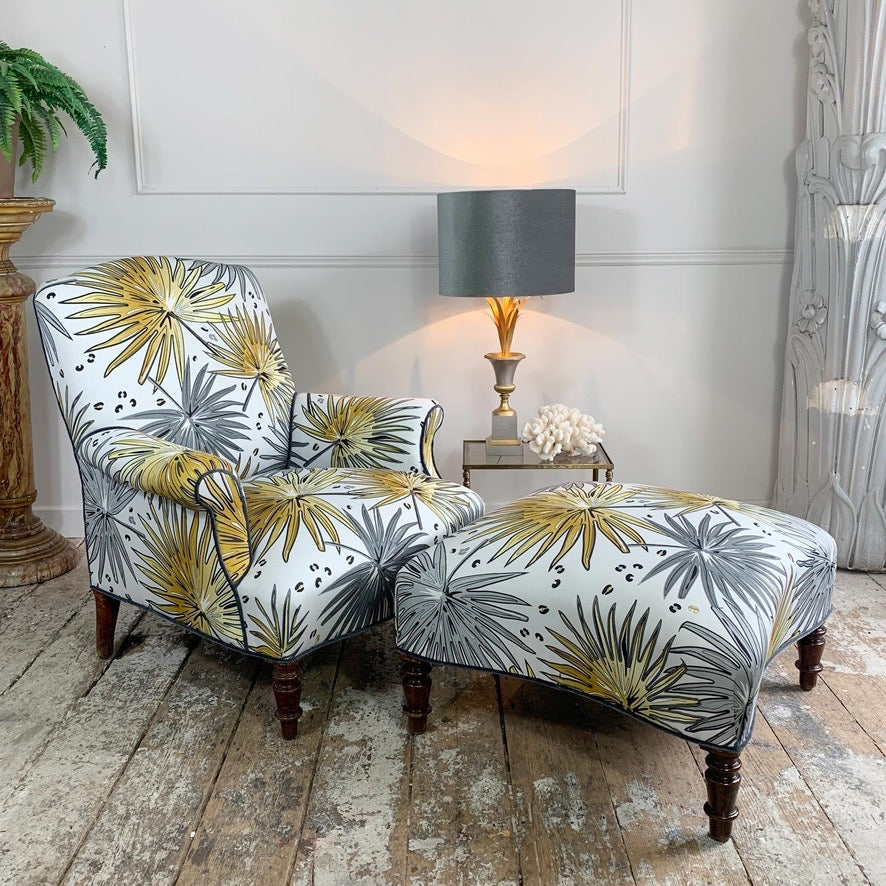 19th Century French Napoleon lll Armchair and Footstool in Tropics 'Fan Palm' Fabric