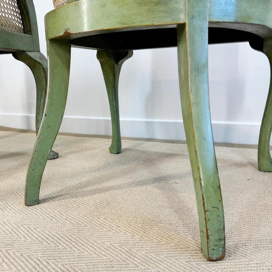Pair of 19th Century Green Queen Anne Revival Chinoiserie Bergere Chairs