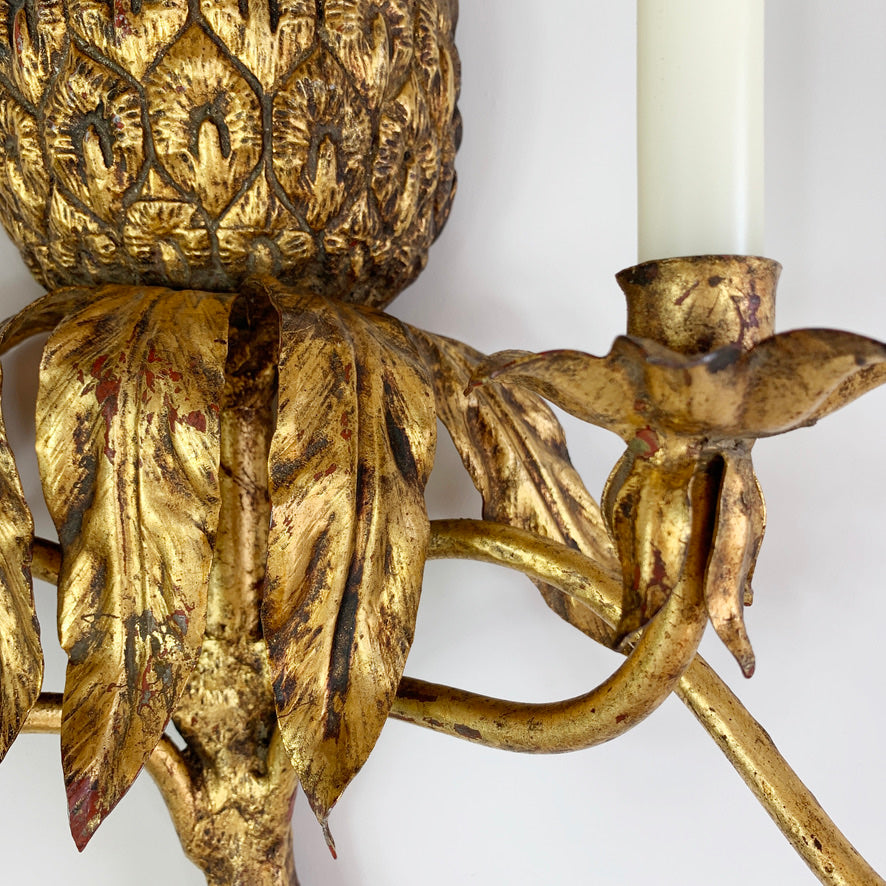 Italian 1950's Gold Wrought Iron Pineapple Candle Wall Sconce