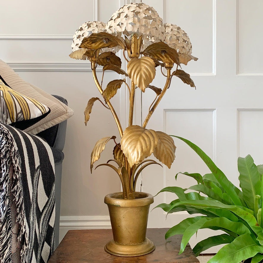 Rare 1950's White and Gold American Hydrangea Table Lamp