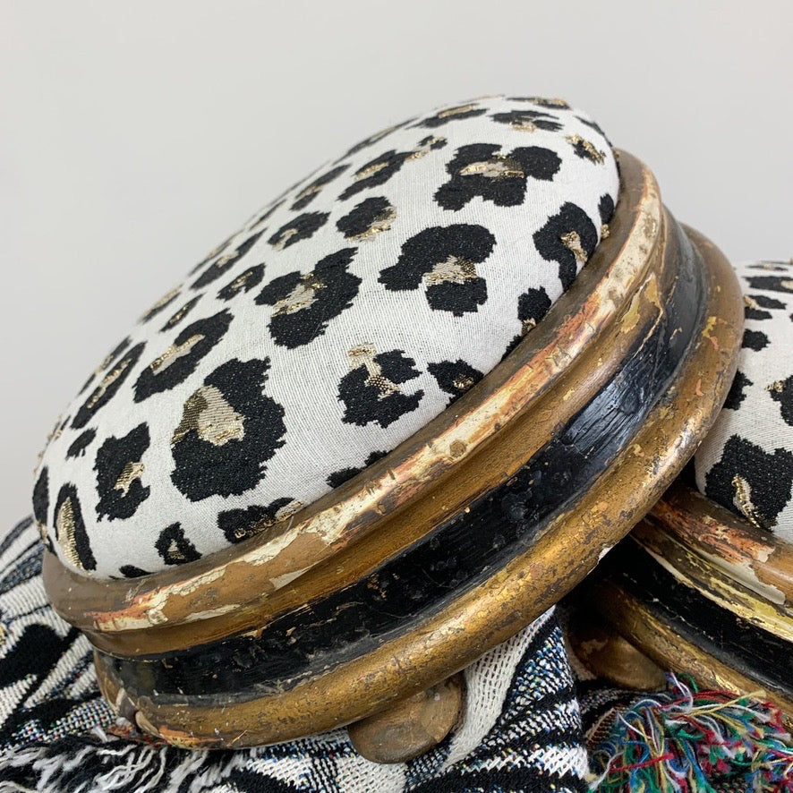 Victorian Petite Foot Stools in Woven Leopard Jacquard Fabric