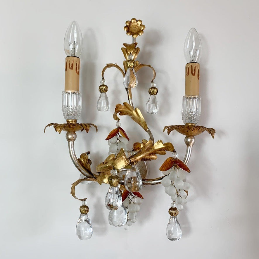 Pair of Banci Firenze Gold Crystal Grape and Pear Wall Lights