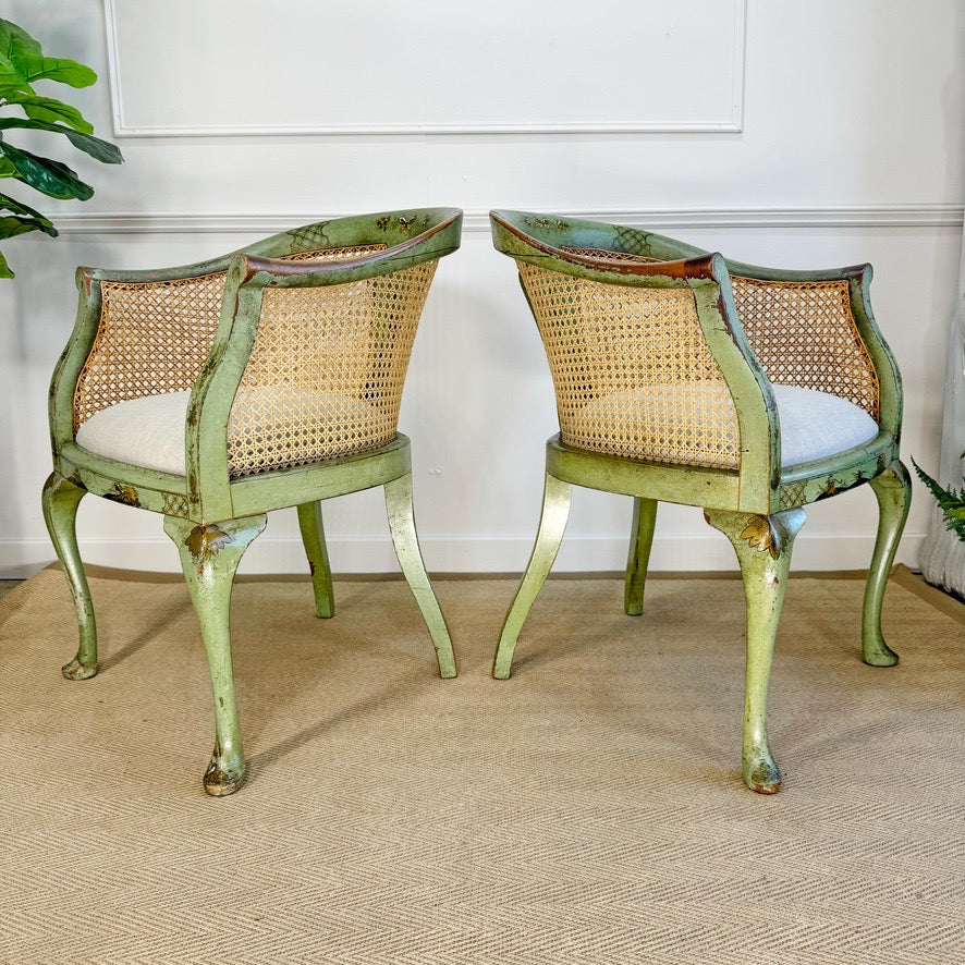 Pair of 19th Century Green Queen Anne Revival Chinoiserie Bergere Chairs