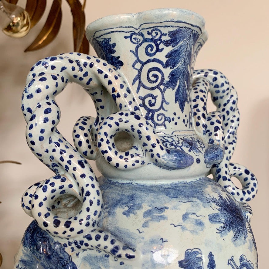 Late 18th Century Delft Style Blue and White Bacchus Serpent Handled Vase