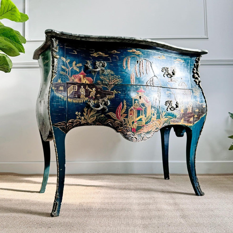 Antique Blue Chinoiserie Bombe Commode 19th Century France