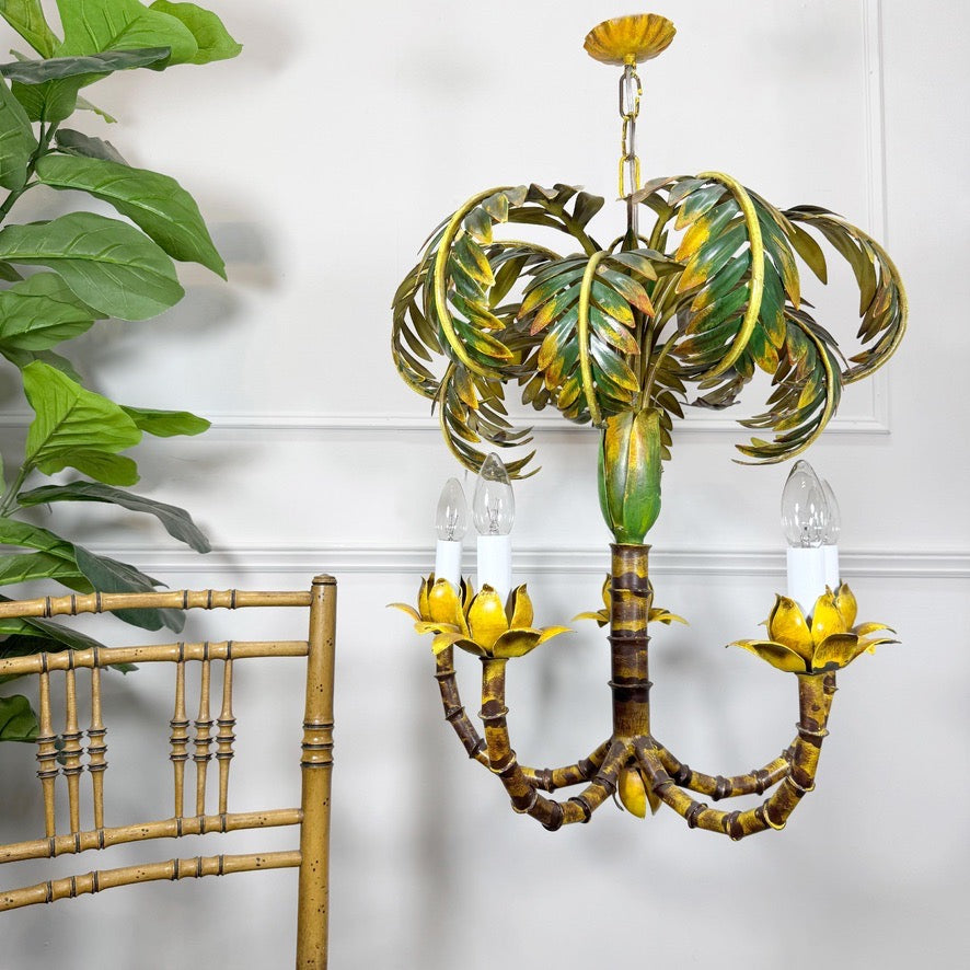 Antique Faux Bamboo Palm Leaf Chandelier France 1930's