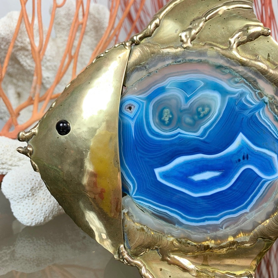 Jacques Duval-Brasseur Illuminated Blue Agate Gold Fish Lamp