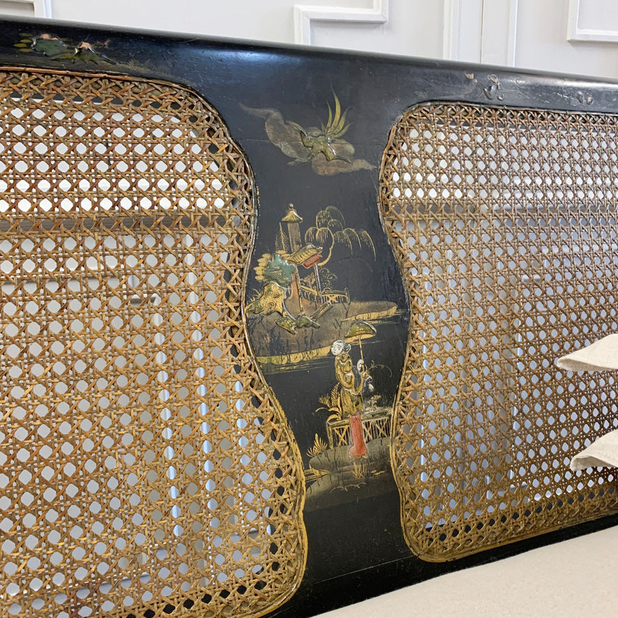 Edwardian Black Chinoiserie Bergere Cane Settee circa 1900