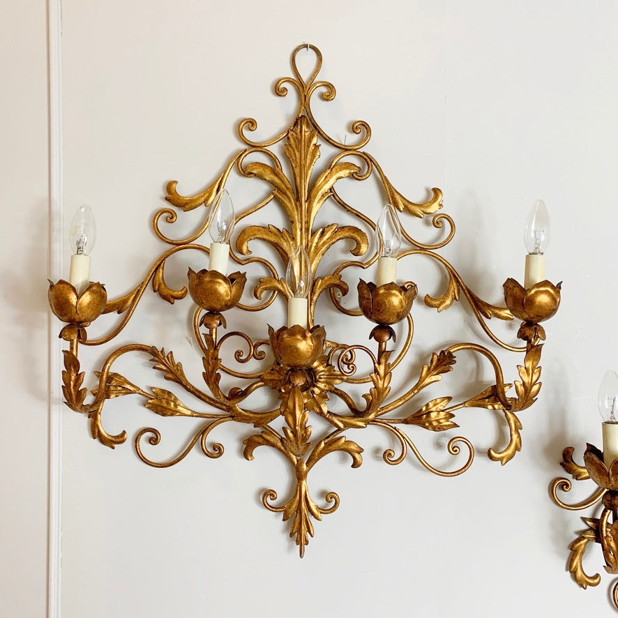 Pair Of Large Gold Palladio Wall Sconces Italy 1960's