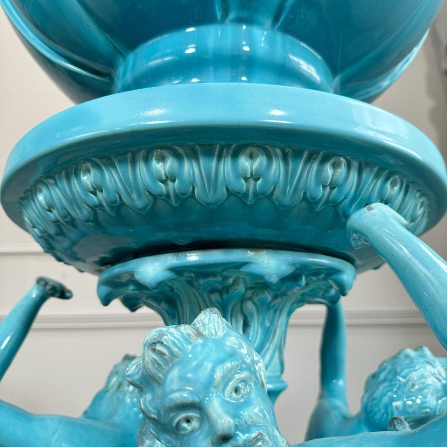 Jerome Massier Blue Glazed Faience Satyr Planter and Stand