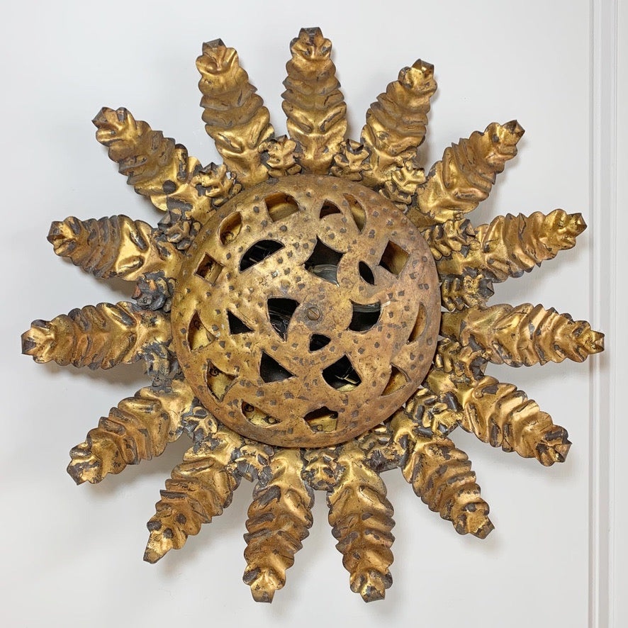 Gold Spanish Sunburst Light Light with Perforate Decorative Plate