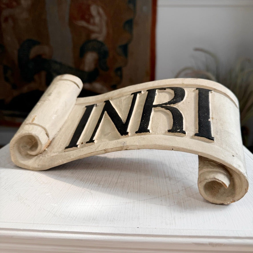 Carved Wood Religious INRI Scroll 18th Century
