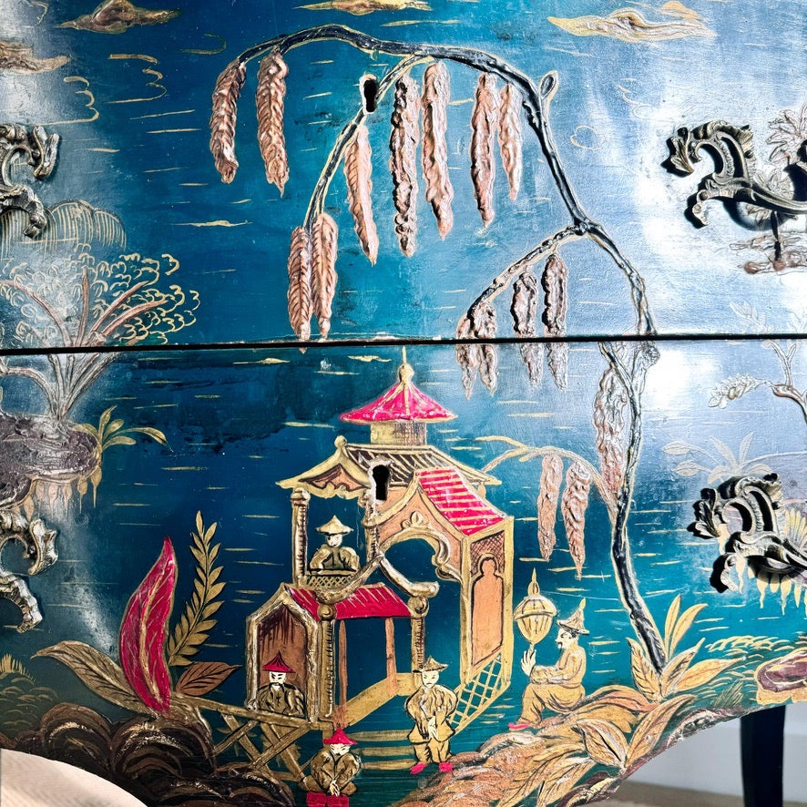 Antique Blue Chinoiserie Bombe Commode 19th Century France