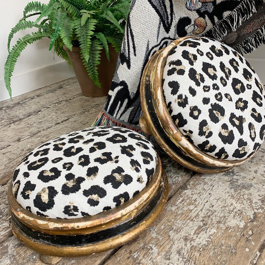 Victorian Petite Foot Stools in Woven Leopard Jacquard Fabric