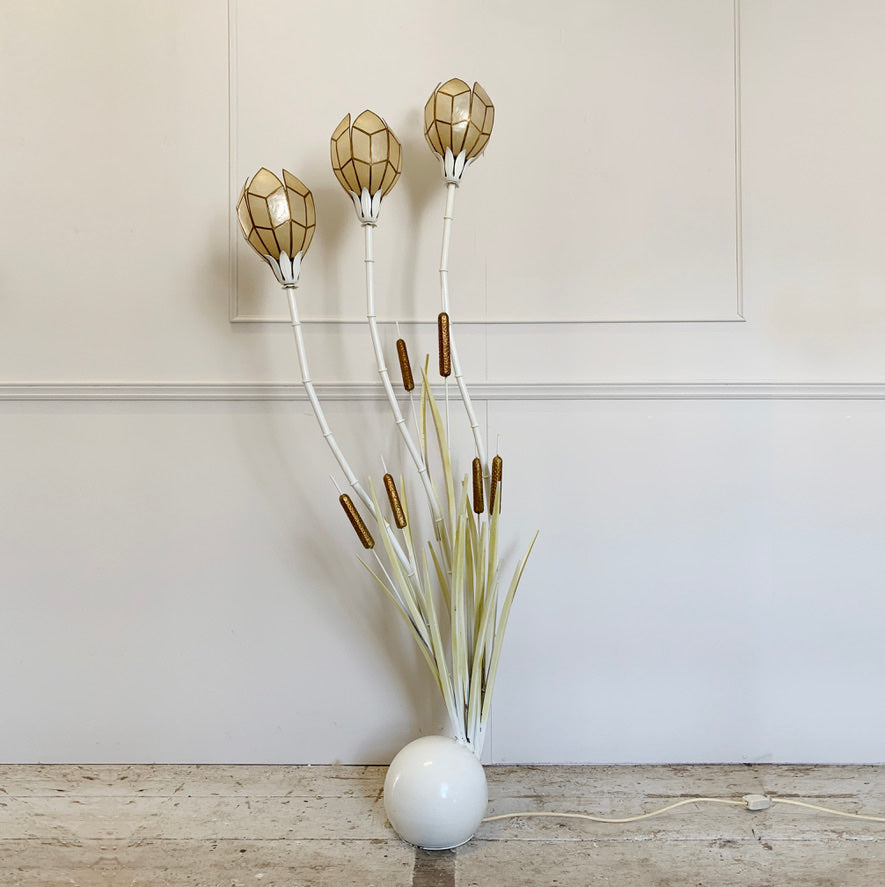 1980's White Bamboo & Bulrush Floor Lamp With Shell Shades