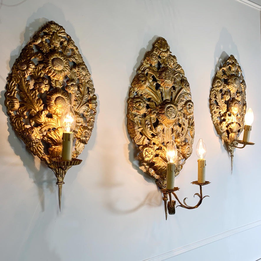 Set of 3 Gold Repousse Baroque Wall Sconces
