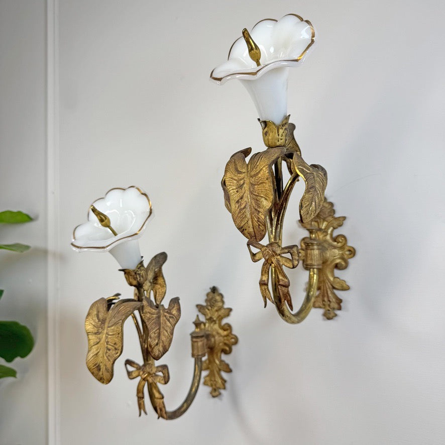 RW Winfield Art Nouveau Opaline and Brass Flower Wall Sconces 1845