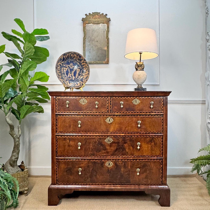 An outstanding quality two short over three long English chest of drawers dating to the reign of George II, the Walnut veneer marquetry on Walnut frame, Oak lined with 'Running Dog' Parquetry work around each drawer surround in Holly veneer, styled in a classic room setting with a potted plant, a decorative plate, a wall mirror, and a table lamp.