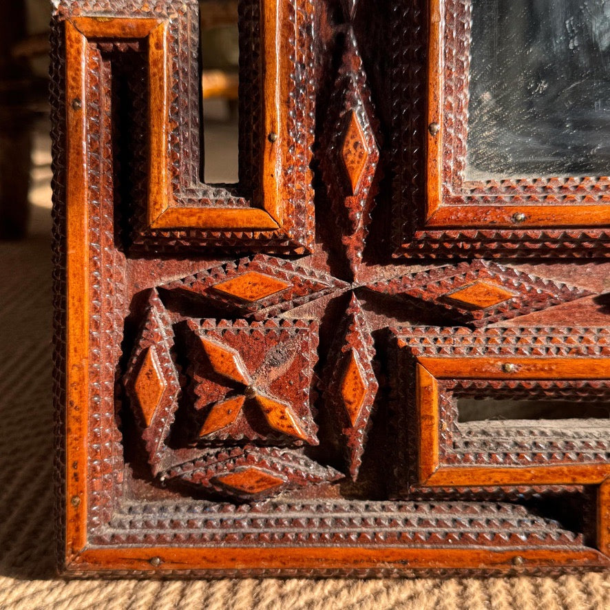 19th Century Tramp Art Mirror with Etched Cut Stars