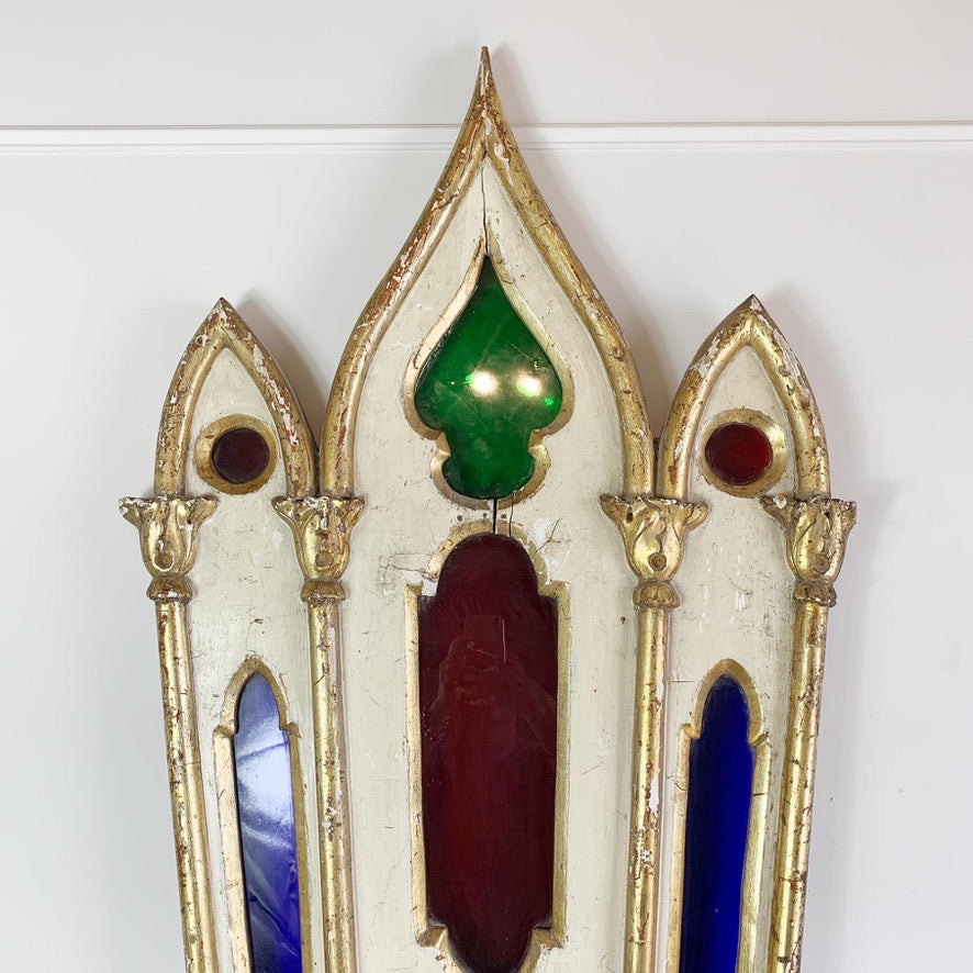 19th Century White and Gold Italian Stained Glass Wooden Church Panel
