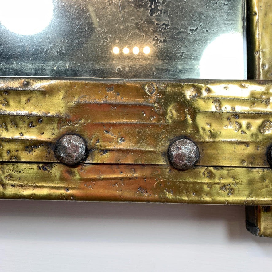 Mid-Century Gold Riveted Brass Brutalist Mirror